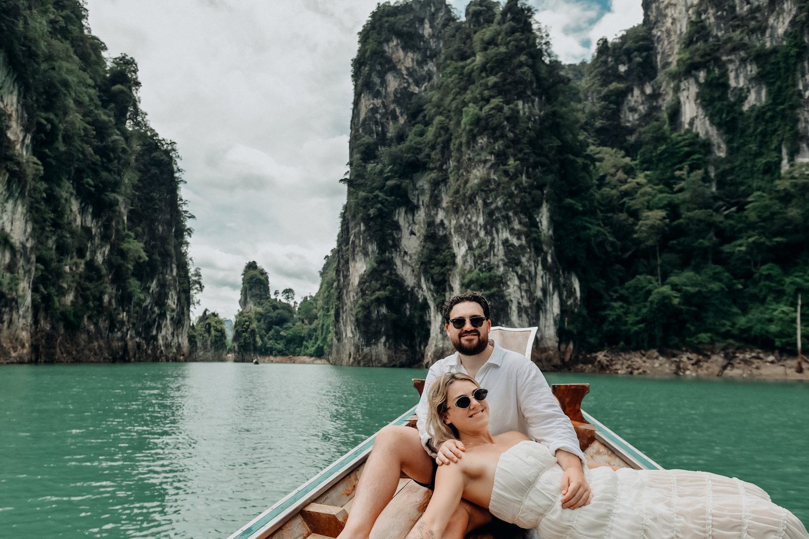 Honeymoon photoshoot by longtail boat at Khao Sok